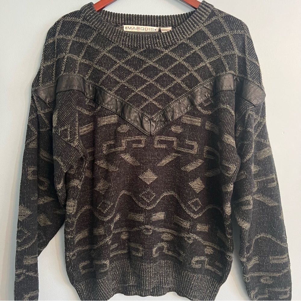 Vintage 90’s Men's Black/Grey Sweater Sz Large 100% ACRYLIC/vegan leather